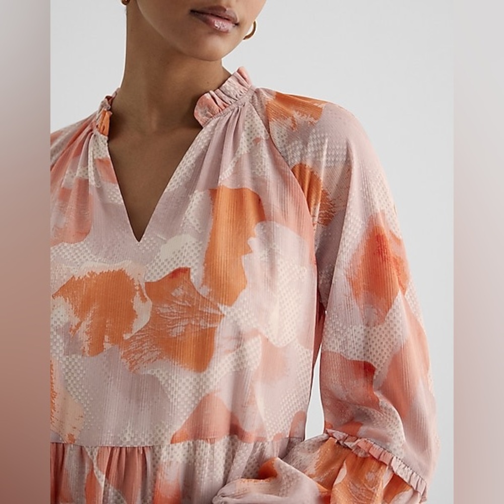 Floral Ruffle Neck Tiered Mini Shift Dress NWT - Picture 2 of 7